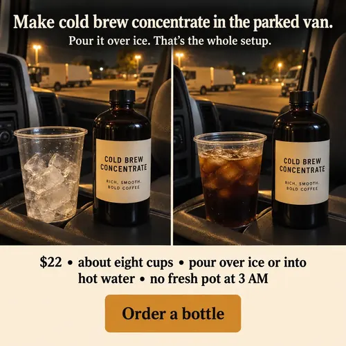 Example ad for a sample brand, Northwind Coffee Co's Cold Brew Concentrate, with the headline "Make cold brew concentrate in the parked van."