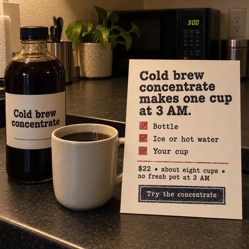 Example ad for a sample brand, Northwind Coffee Co's Cold Brew Concentrate, with the headline "Cold brew concentrate makes one cup at 3 AM."