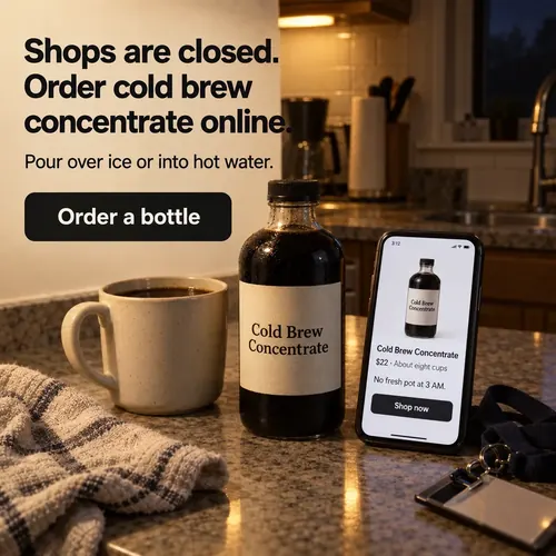 Example ad for a sample brand, Northwind Coffee Co's Cold Brew Concentrate, with the headline "Shops are closed. Order cold brew concentrate online."
