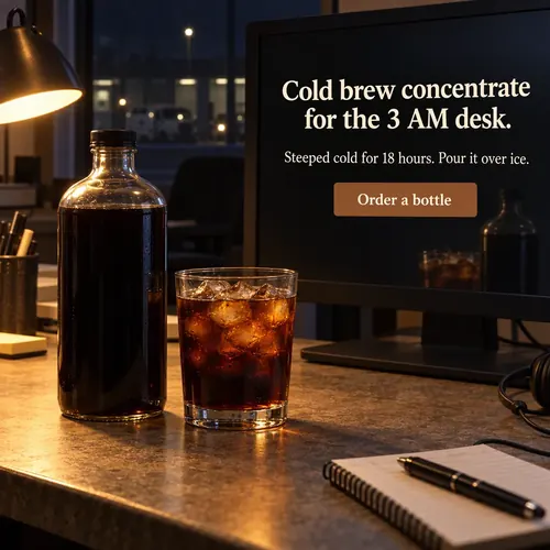 Example ad for a sample brand, Northwind Coffee Co's Cold Brew Concentrate, with the headline "Cold brew concentrate for the 3 AM desk."