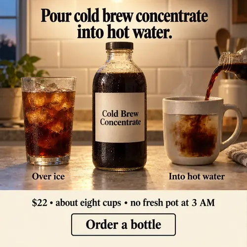 Example ad for a sample brand, Northwind Coffee Co's Cold Brew Concentrate, with the headline "Pour cold brew concentrate into hot water."