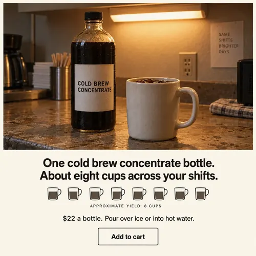 Example ad for a sample brand, Northwind Coffee Co's Cold Brew Concentrate, with the headline "One cold brew concentrate bottle. About eight cups across your shifts."
