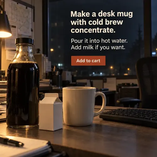 Example ad for a sample brand, Northwind Coffee Co's Cold Brew Concentrate, with the headline "Make a desk mug with cold brew concentrate."