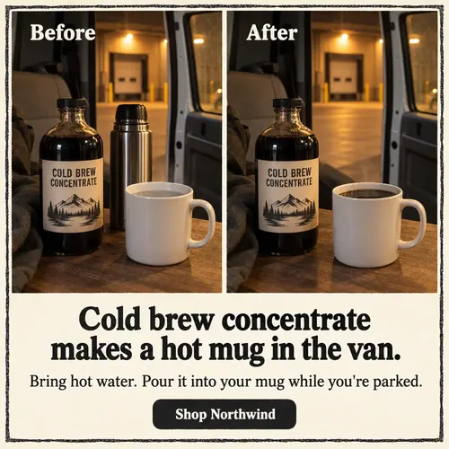 Example ad for a sample brand, Northwind Coffee Co's Cold Brew Concentrate, with the headline "Cold brew concentrate makes a hot mug in the van."